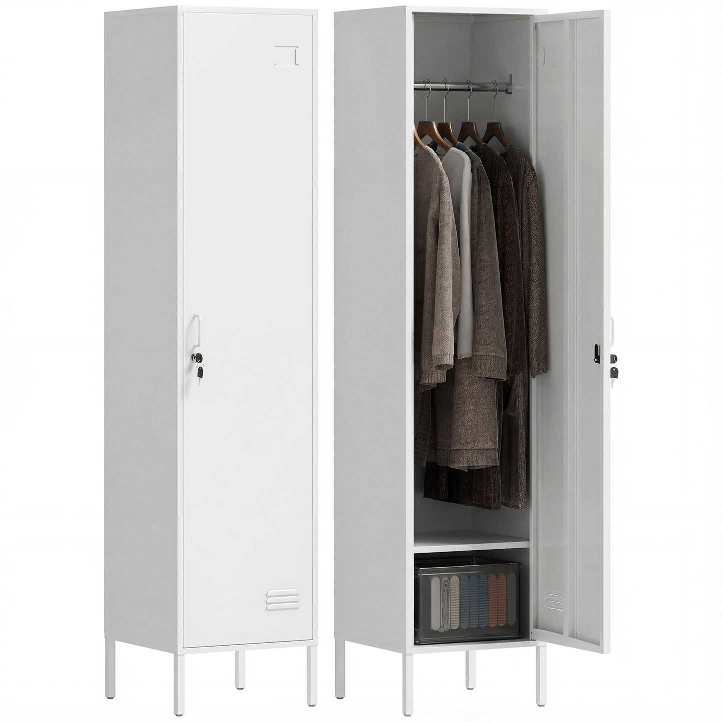 HOMCOM Metal Locker Cabinet with Hanging Rod, Lock and Key, Single Locker Storage Cabinet with Shelf, White