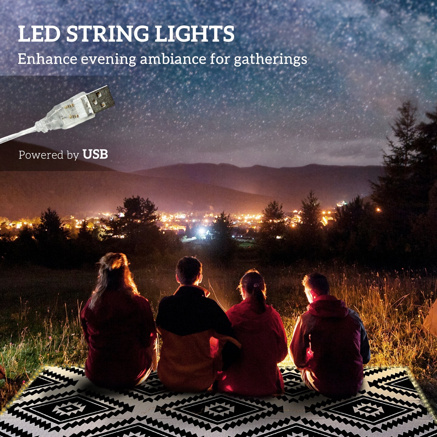 Outsunny Plastic Straw Reversible RV Outdoor Rug with LED String Light 182 x 274cm Black and White