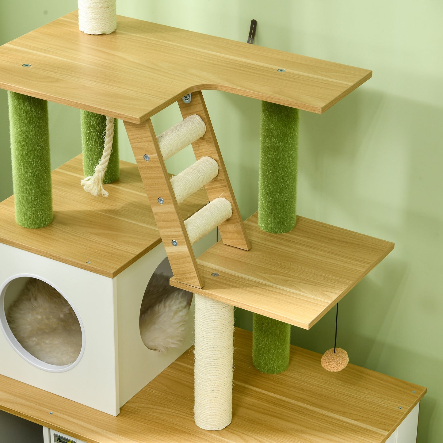 PawHut Cat Tree with Hidden Litter Box Enclosure, 2 in 1 Green Leaf Cat Tower Litter Box Furniture with House, Ladder, Scratching Posts and Platforms, for Indoor Use, Oak