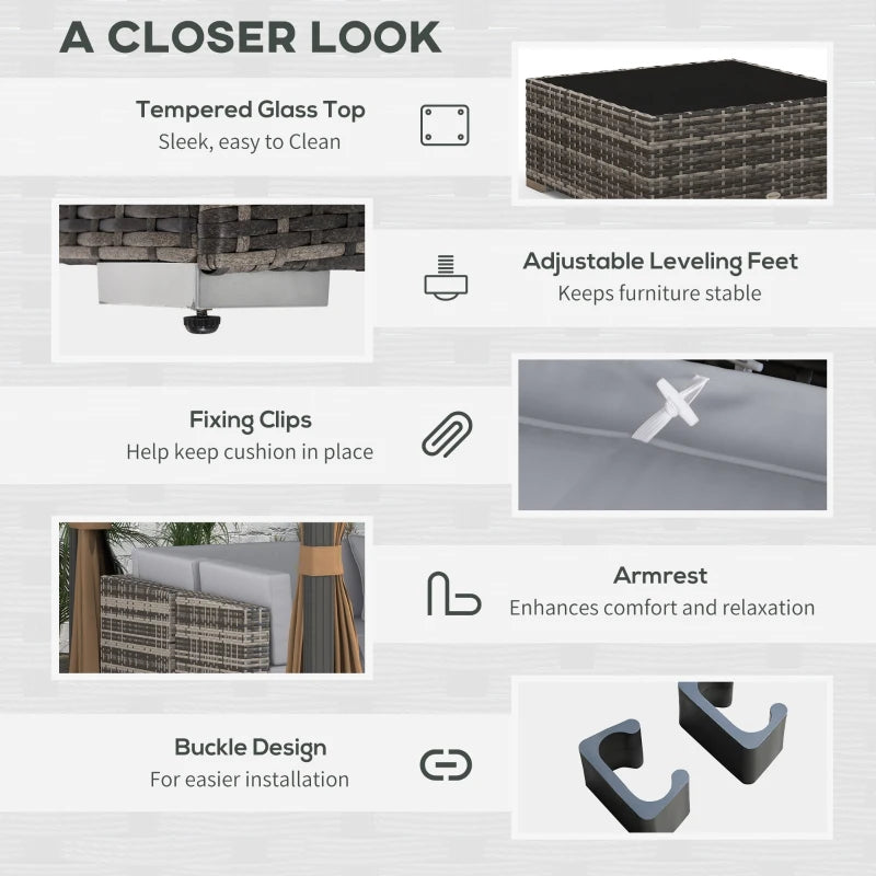 Outsunny 7 Pieces PE Rattan Garden Furniture Set with Thick Padded Cushion, Patio Garden Corner Sofa Sets with Glass Coffee Table and Pillows, Buckle Structure, Grey