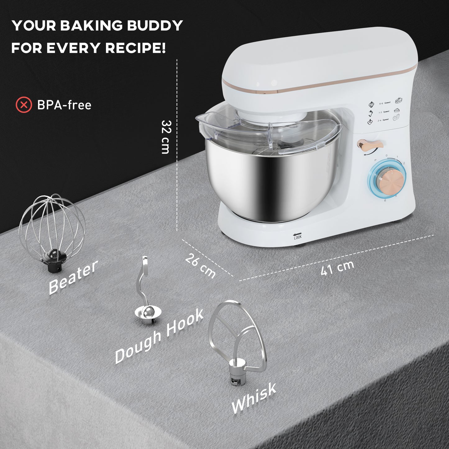 HOMCOM Stand Mixer, 5L, 1400W, 6 Speeds, Pulse, Hook, Whisk, Stainless Bowl, Splash Guard, Beater, White
