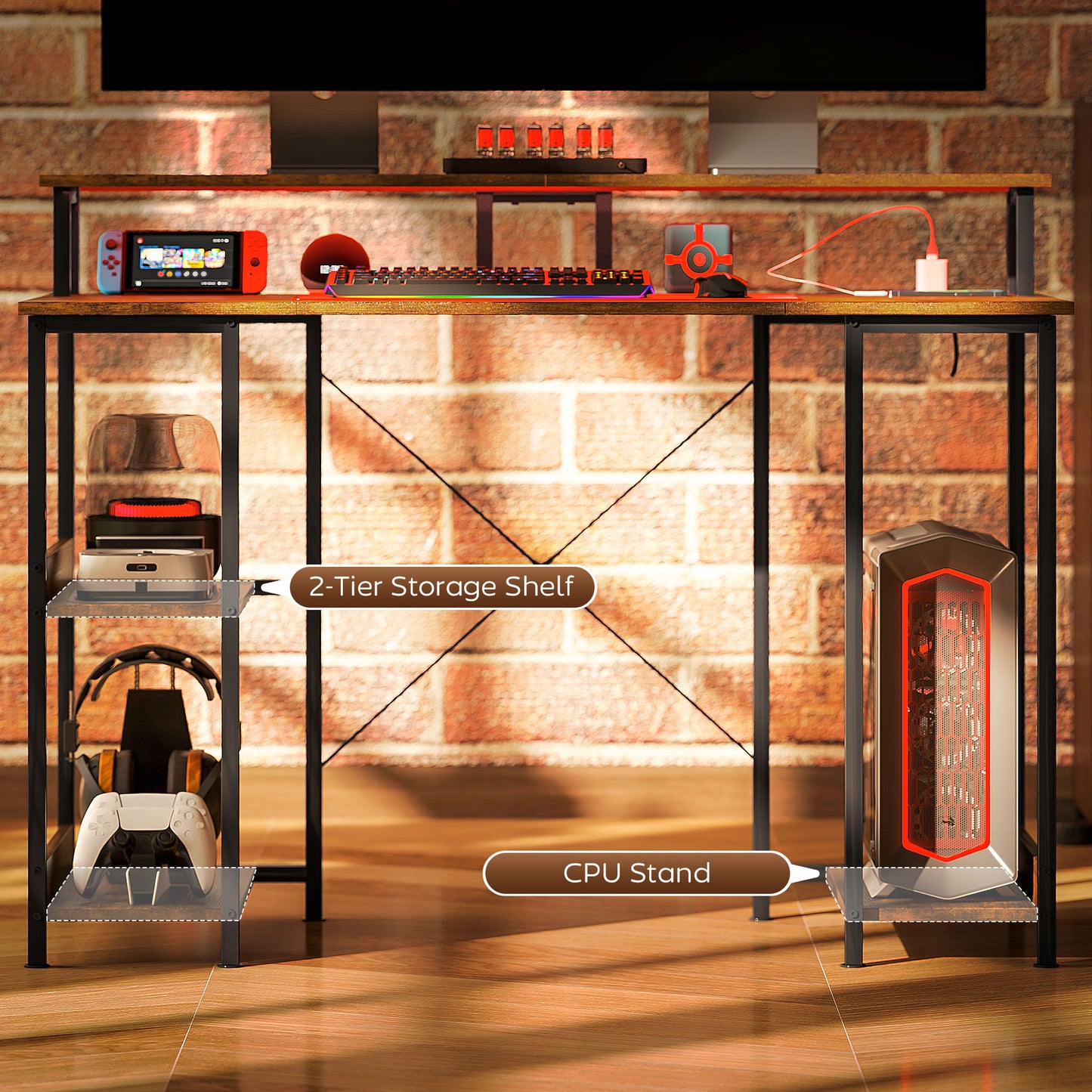 HOMCOM Computer Desk w/ Power Outlets & LED Lights, 120x50cm Reversible Desk, Monitor Stand, Rustic Brown