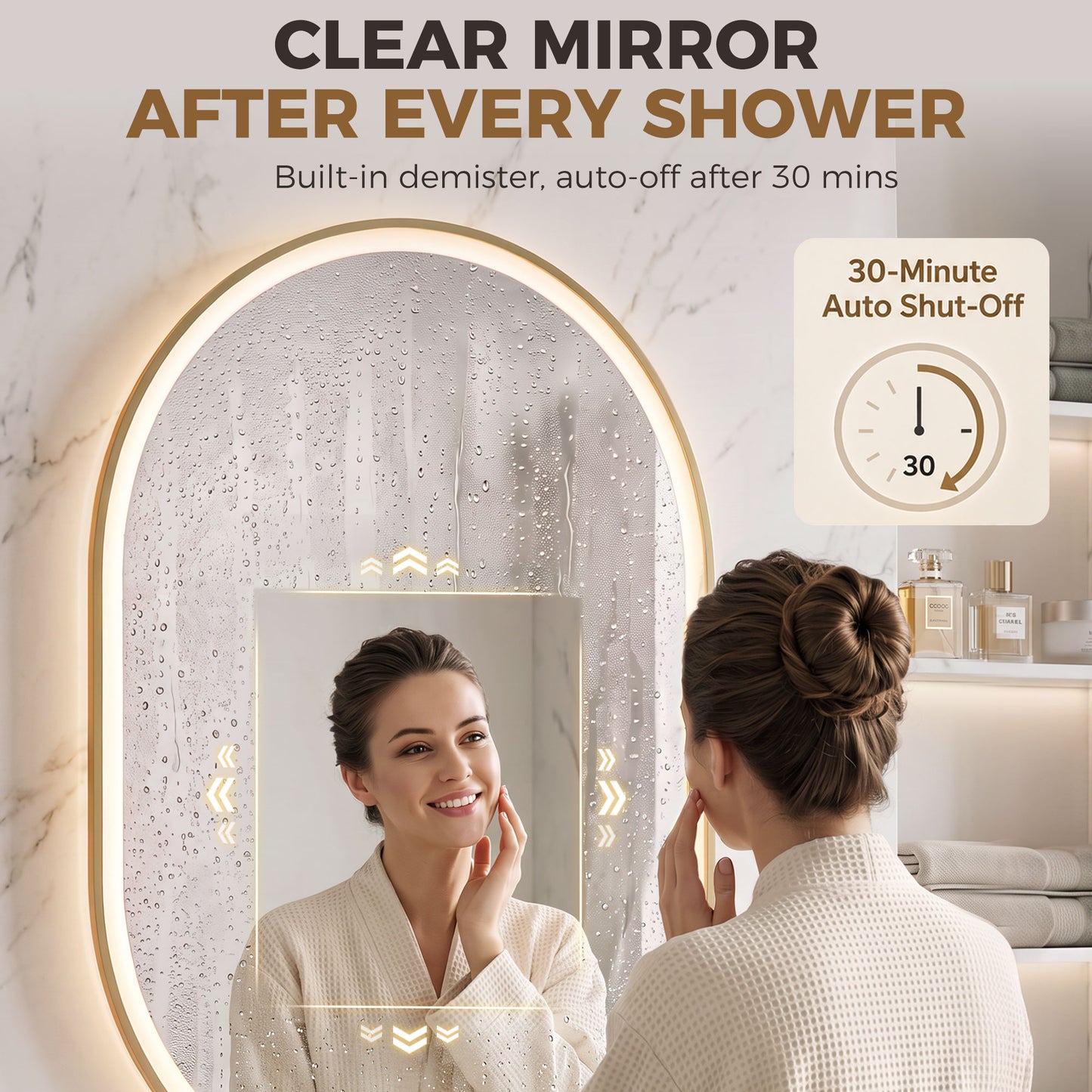 HOMCOM Bathroom Mirror with LED Lights, 100x70cm Oval Bathroom Mirror, Dimmable, Bluetooth, Anti-Fog, Gold Tone