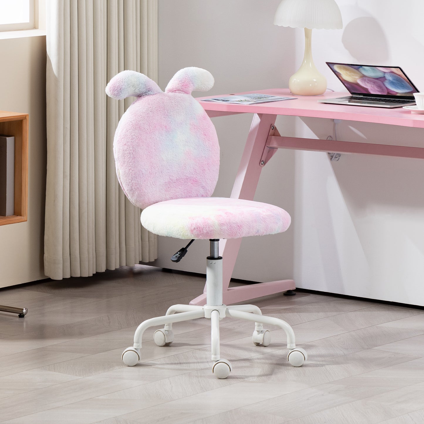 HOMCOM Fuzzy Office Chair with Bunny Ears, Faux Fur Swivel, Armless Vanity Chair, Adjustable Height for Bedroom, Study Room, Colourful
