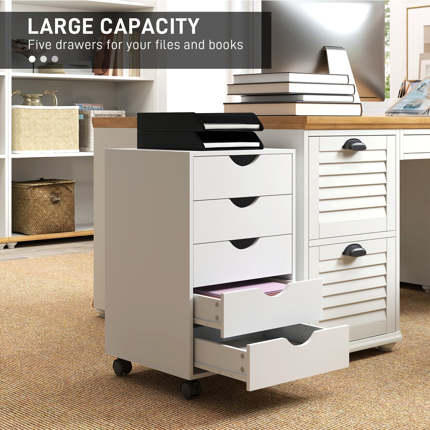 HOMCOM 5 Drawer Mobile Filing Cabinet, Vertical File Cabinet, Modern Rolling Office Storage Organizer Cupboard, White