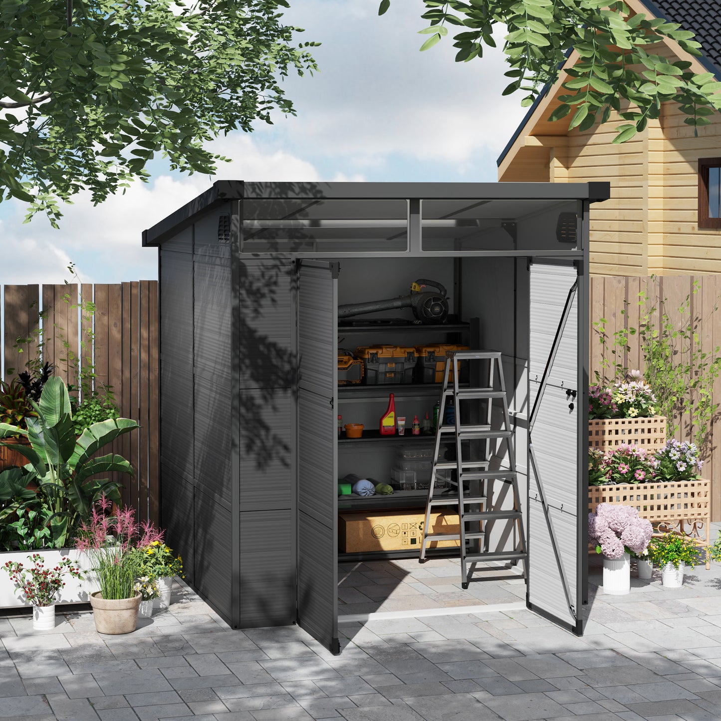 Outsunny 6x6ft Outdoor Storage Shed, Plastic Garden Shed w/ Windows, Air Vents & Latch Doors, Dark Grey