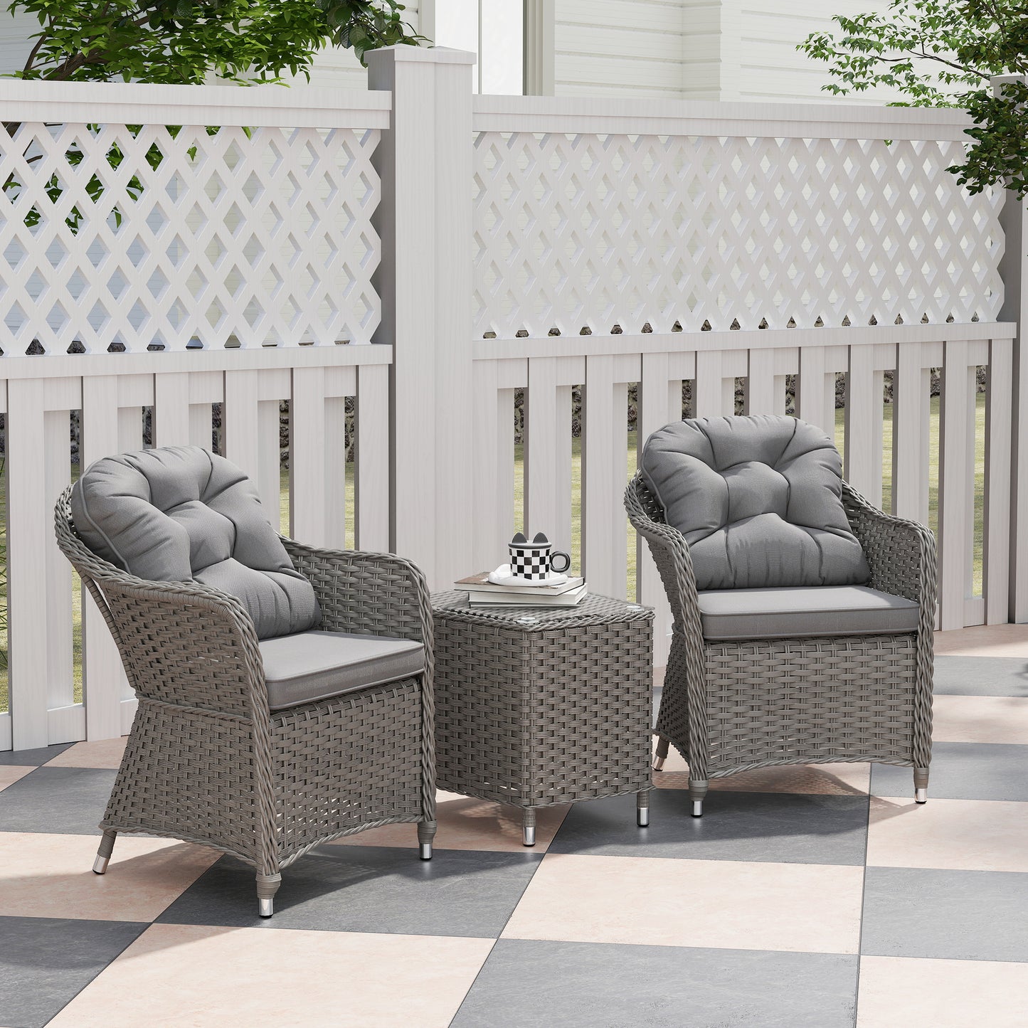Outsunny 3-Piece Rattan Bistro Set, Glass Top Table & Cushioned Chairs for Patio, Balcony, Garden, Light Grey