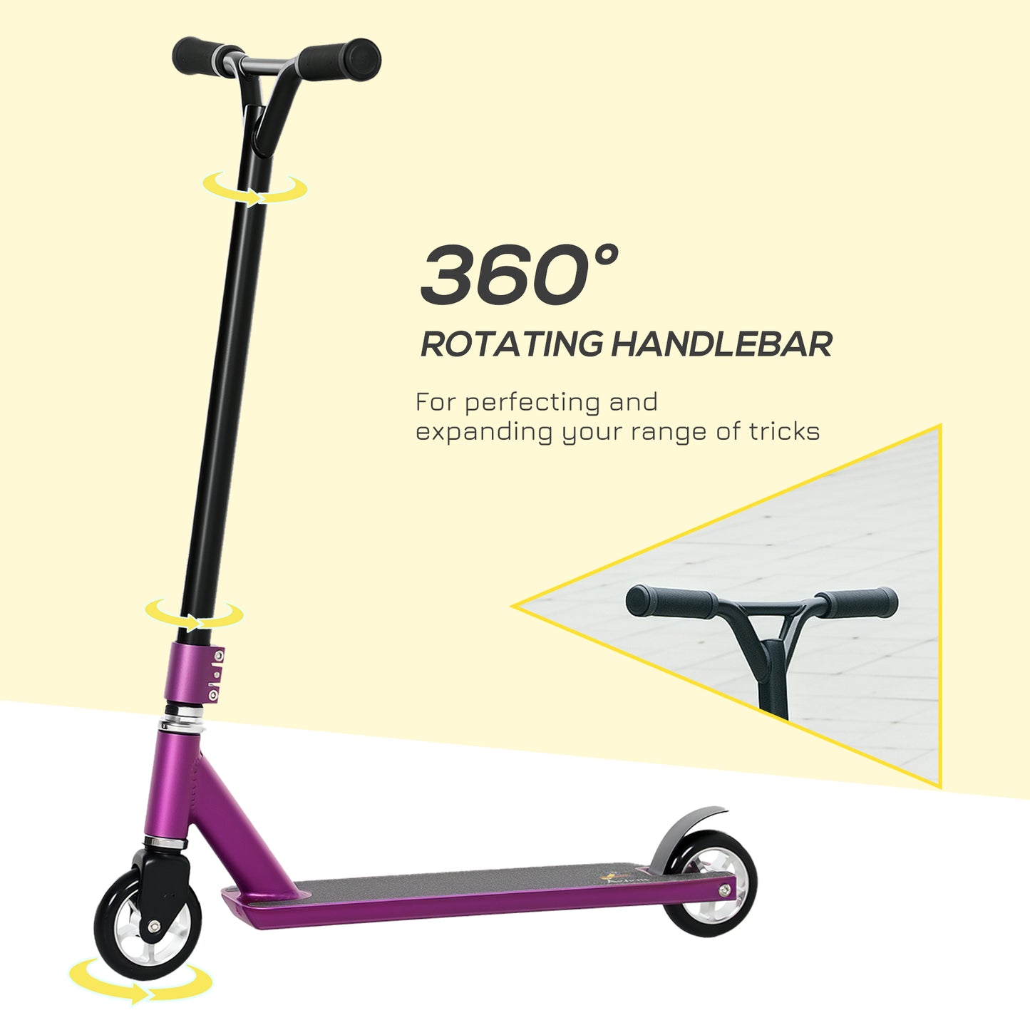 HOMCOM Stunt Scooter, 360° Entry Level Tricks Scooter w/ Lightweight Aluminium Deck and ABEC 7 Bearing, For Age 14+ Beginners, Purple