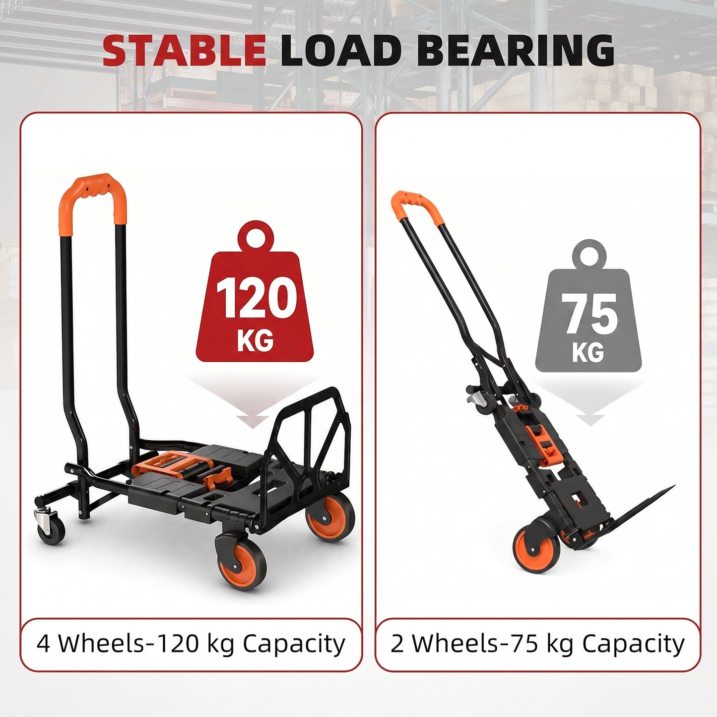 HOMCOM Steel 2-in-1 Folding Hand Truck on Wheels,  Foldable Trolley with Foldable Base, 120kg, Black and Orange