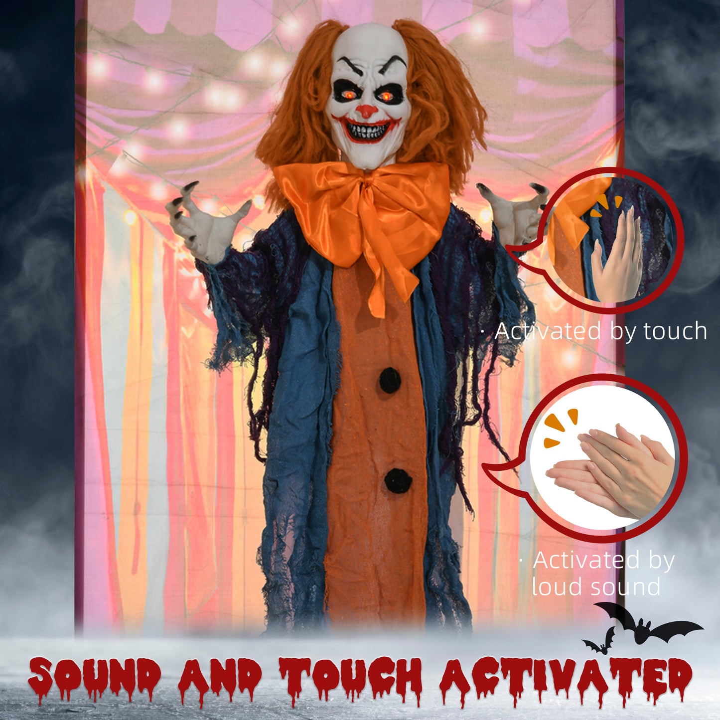 HOMCOM Life Size Circus Clown Halloween Decoration, Animatronic w/ Sound Activated, Light Up Eyes, Sound Effects, Animated Prop - 168cm
