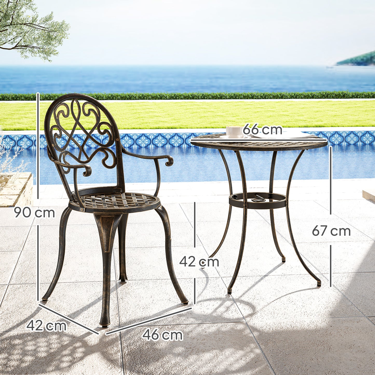 Outsunny 3 Piece Patio Bistro Set for 2, Outdoor Aluminium Garden Table and Chairs with Adjustable Footpads for Balcony, Garden and Patio, Bronze Tone