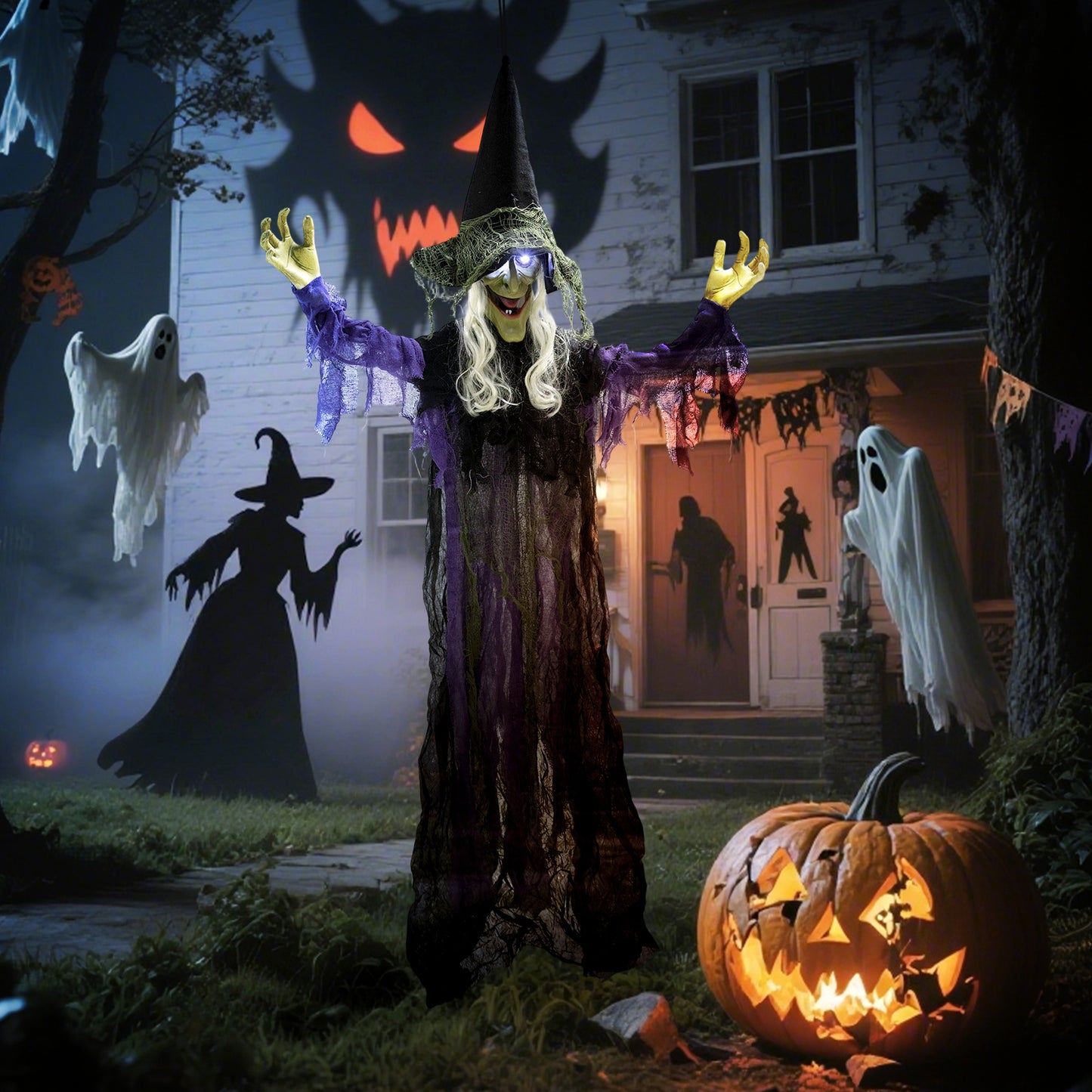 Outsunny Life Size Halloween Animated Hanging Witch, Glowing LED Eyes, Scary Decorations, Battery Operated, Indoor Props, 183 cm, Black