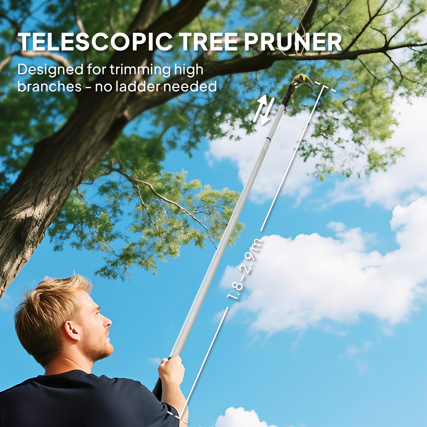 Outsunny Extendable Tree Pruner, Telescopic Pole Saw with 40 cm Blade, Lightweight for High Branches, 1.8-2.9 m Reach, Green