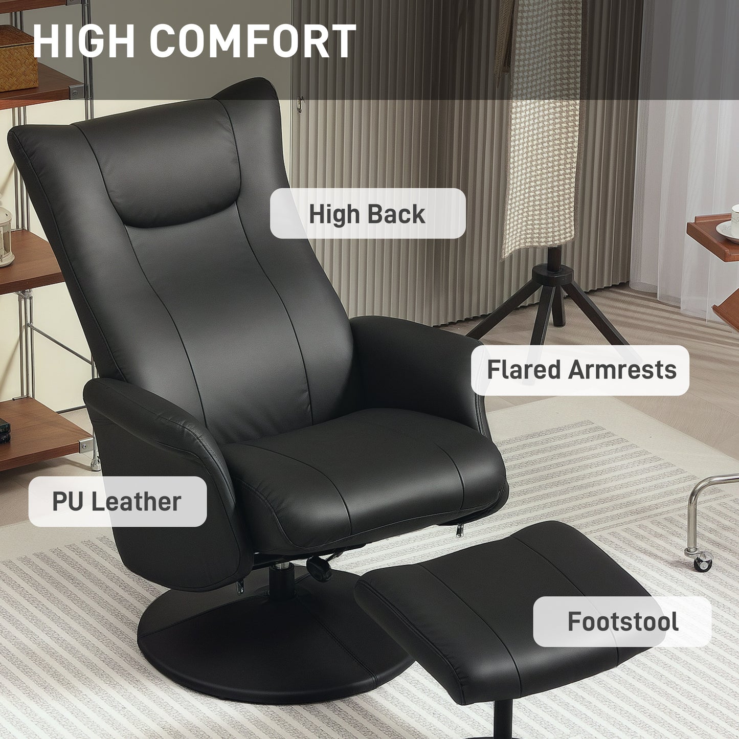 HOMCOM Swivel Recliner Chair with Footstool, PU Leather Adjustable Recliner Armchair, Steel Frame, Flared Armrests for Living Room, Black