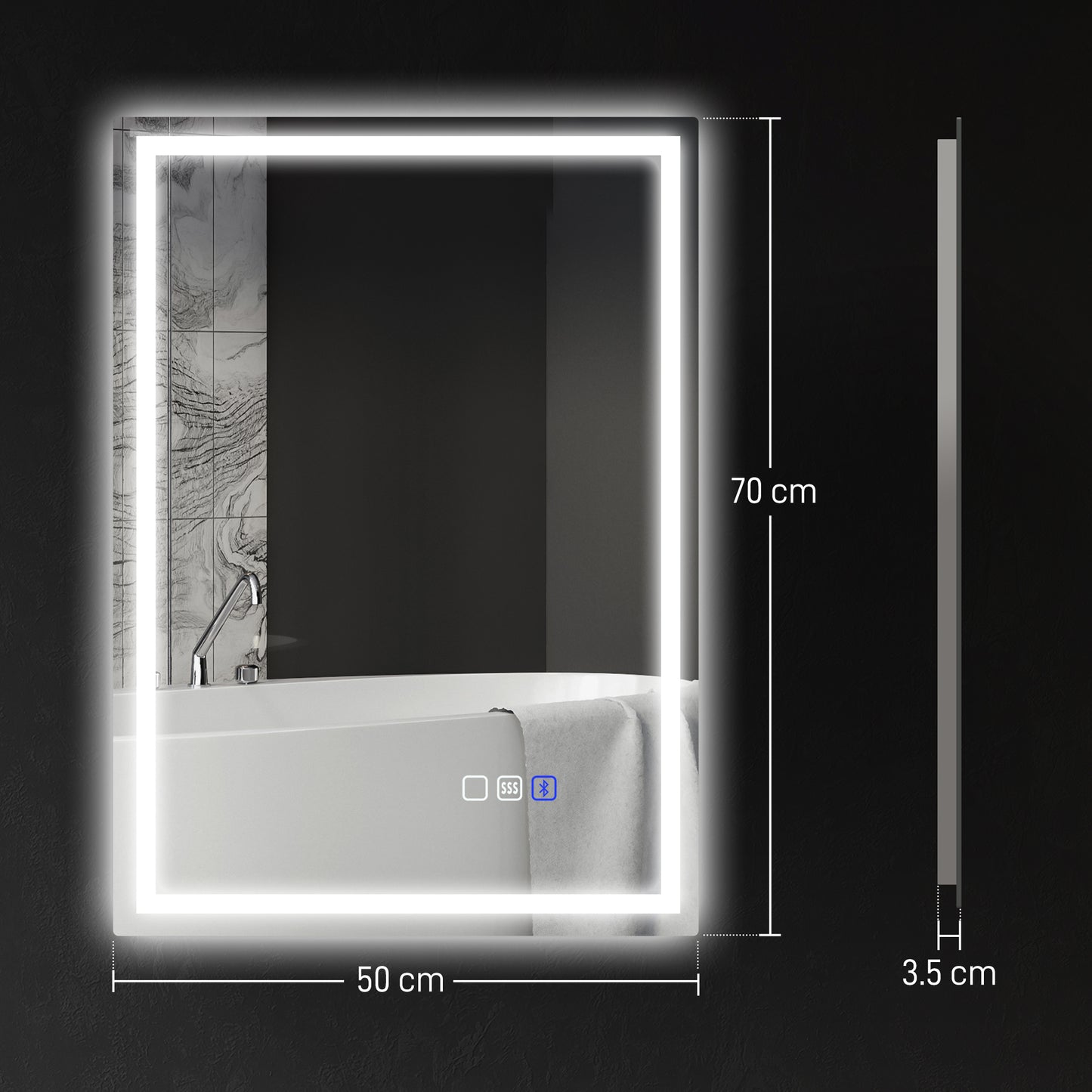 HOMCOM 60 x 80 cm Bluetooth LED Bathroom Mirror with Demister Pad - Silver Tone