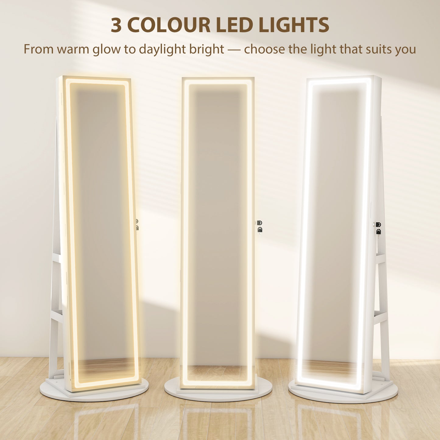 HOMCOM Lockable 360° Swivel Jewellery Cabinet with LED Lights, Full-Length Mirror & Storage for Accessories, Free Standing, White