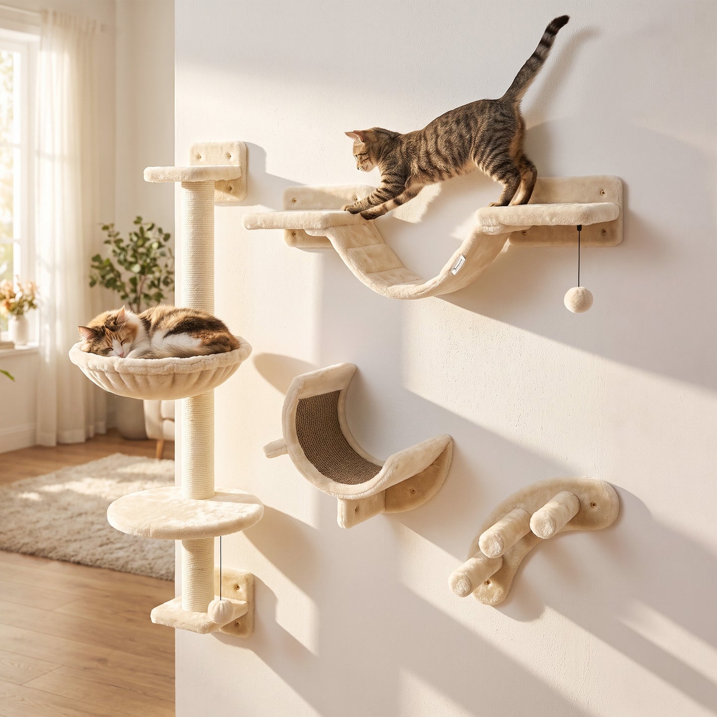 PawHut Four-Piece Cat Wall Furniture, with Hammock, Ladder, Platforms, Steps, for Indoor Use - Beige