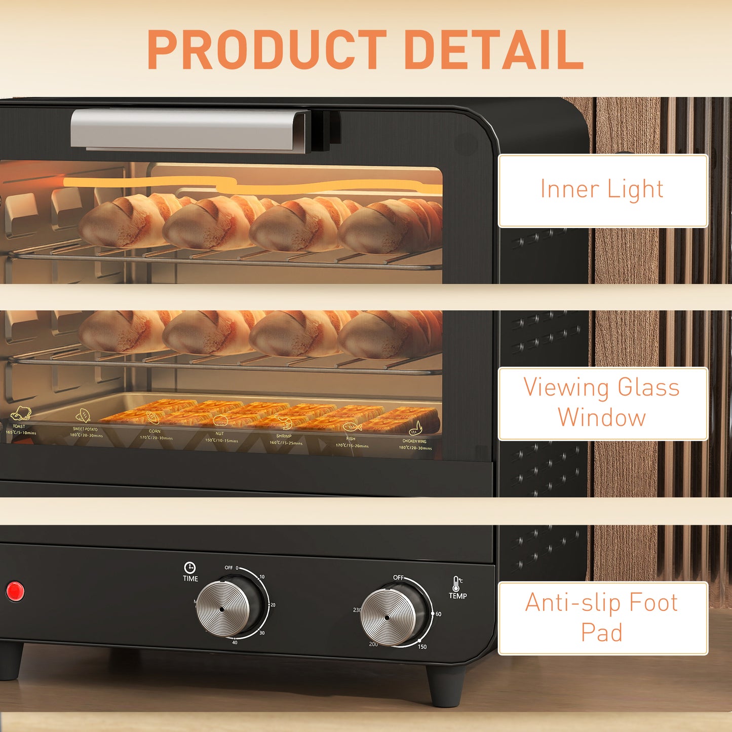 HOMCOM Small Toaster Oven, 12L Multifunction Mini Countertop Oven with Glass Door, Adjustable Temperature and Timer, Black