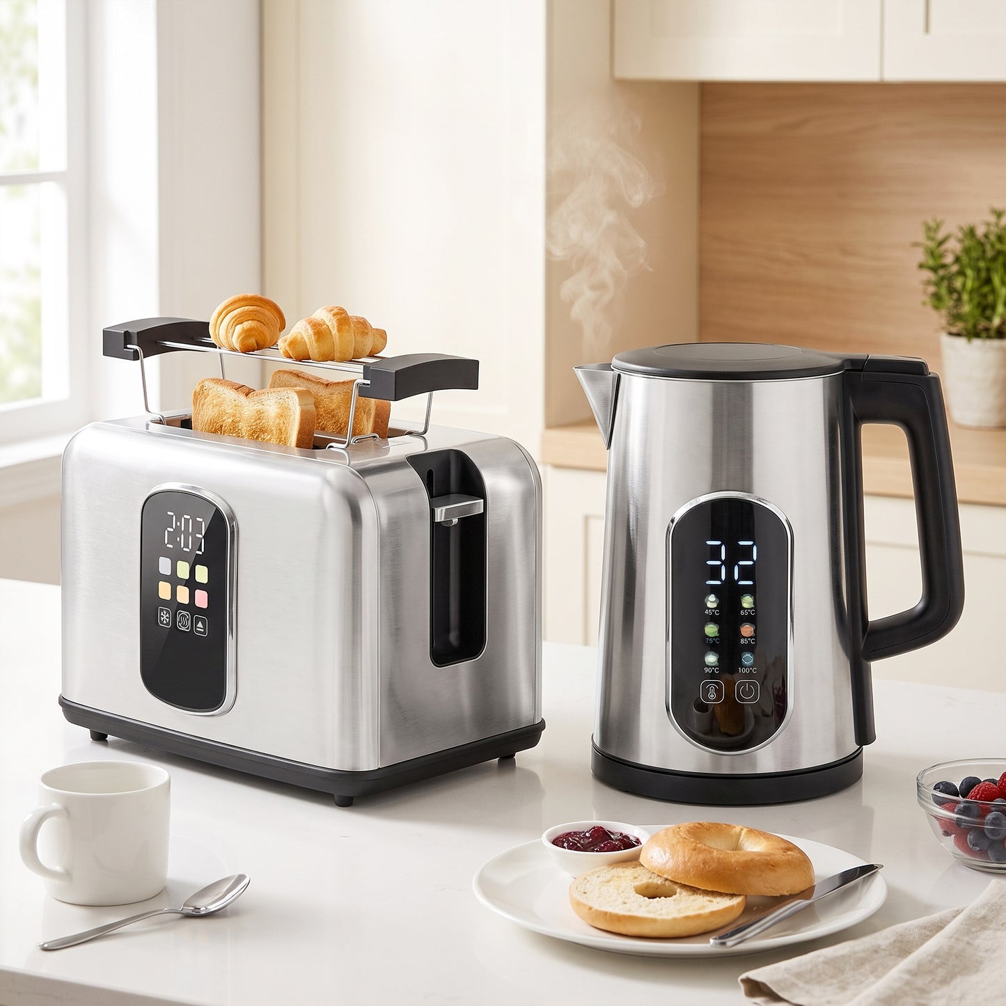 HOMCOM Kettle and Toaster Set with LED Touch Screen, Kettle with Strix Thermostat, 2 Slice Toaster w/ 6 Browning Levels, Silver
