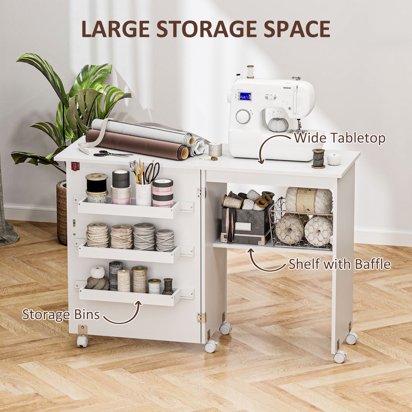 HOMCOM Folding Sewing Table, Drop Leaf Design, Storage Bins & Rolling Wheels, White