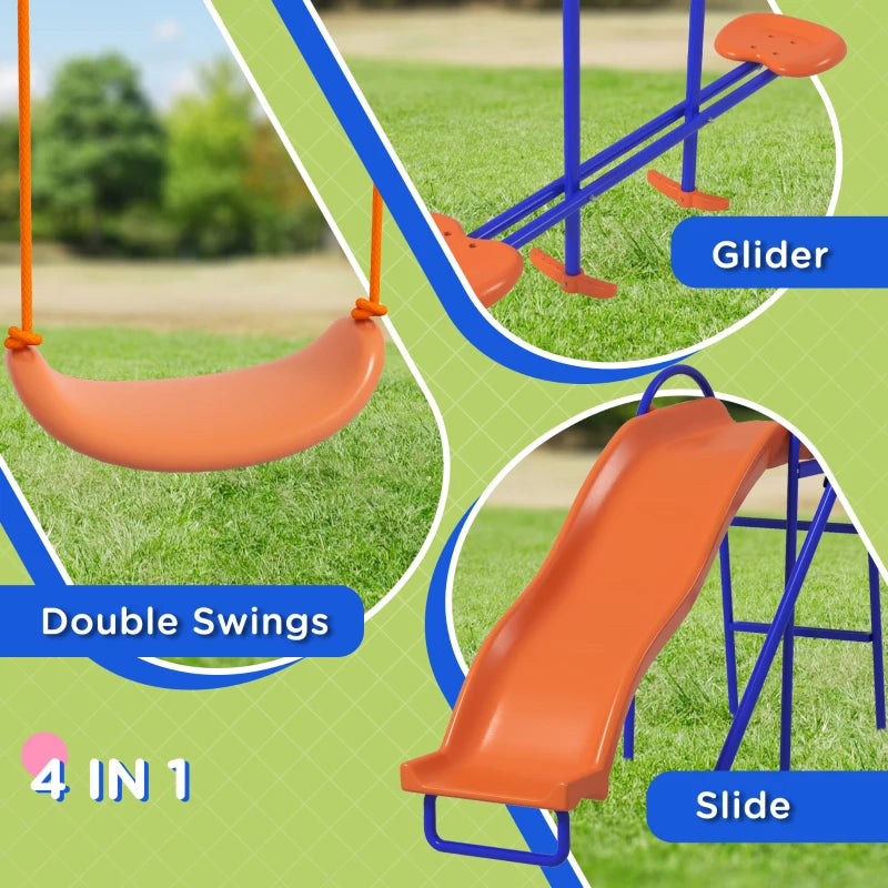 Outsunny 4 in 1 Metal Garden Swing Set with Double Swings Glider Slide Ladder Orange