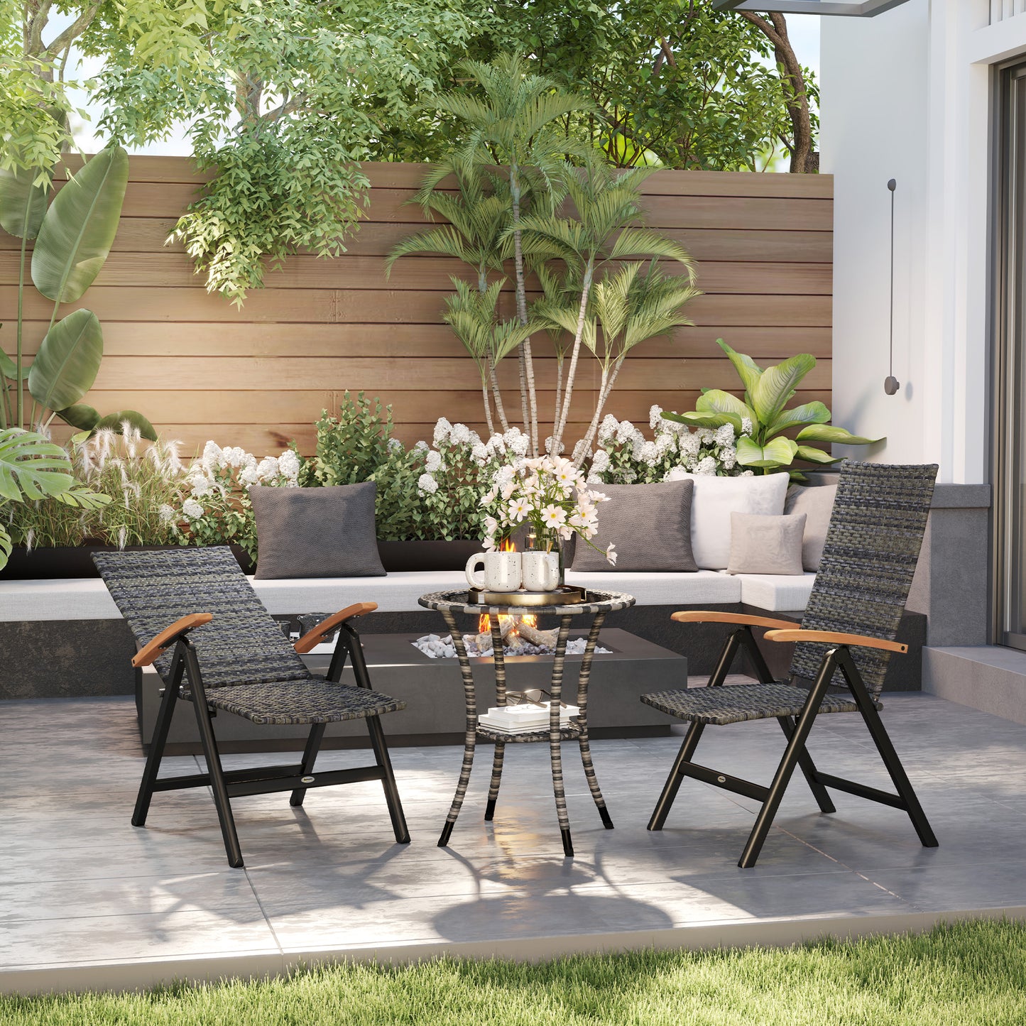 Outsunny 2 Pieces Outdoor Foldable Dining Chair with Armrests, High Backrest, for Garden, Camping, Balcony, Mixed-grey