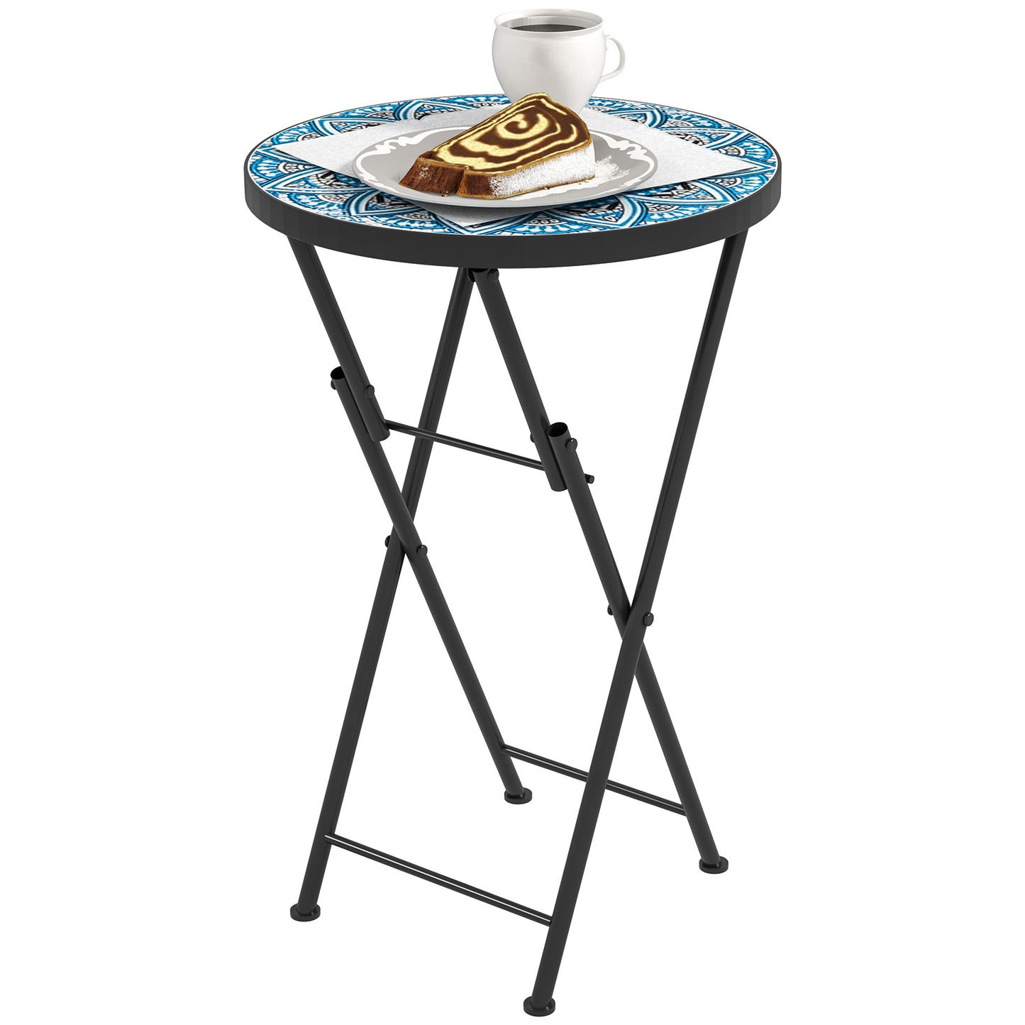 Outsunny Mosaic Garden Table, 35.5cm Round Folding Coffee Table with Metal Frame, Indoor Outdoor Table for Balcony Terrace, Blue
