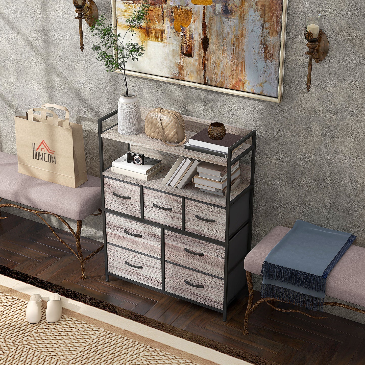 HOMCOM Rustic Chest of Seven Fabric Drawers - Grey Wood Effect