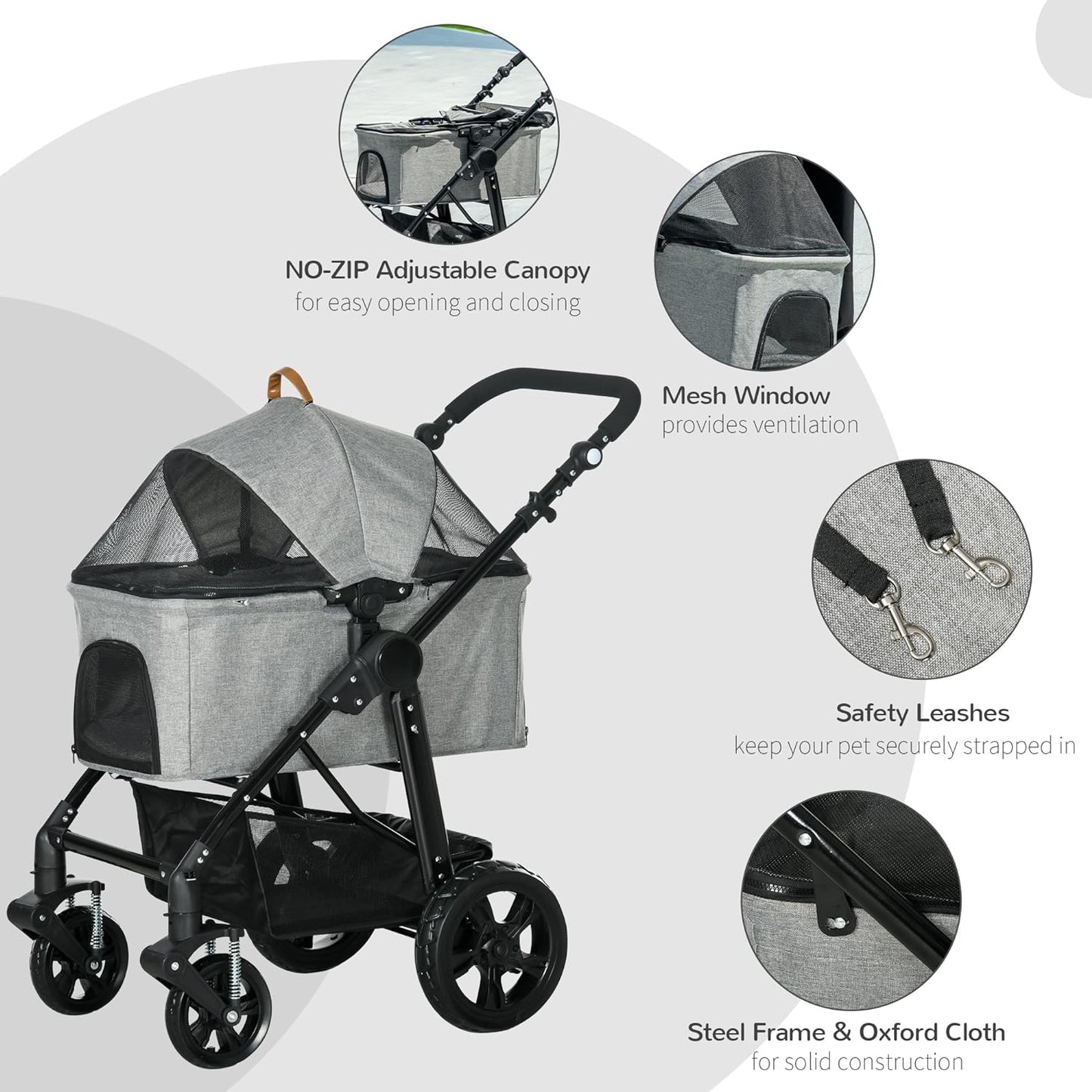 PawHut Dog Stroller Pushchair Detachable Pet Carrier Carrying Bag Foldable Trolley Shock Absorbing System Adjustable Handlebar for Small Dogs Grey