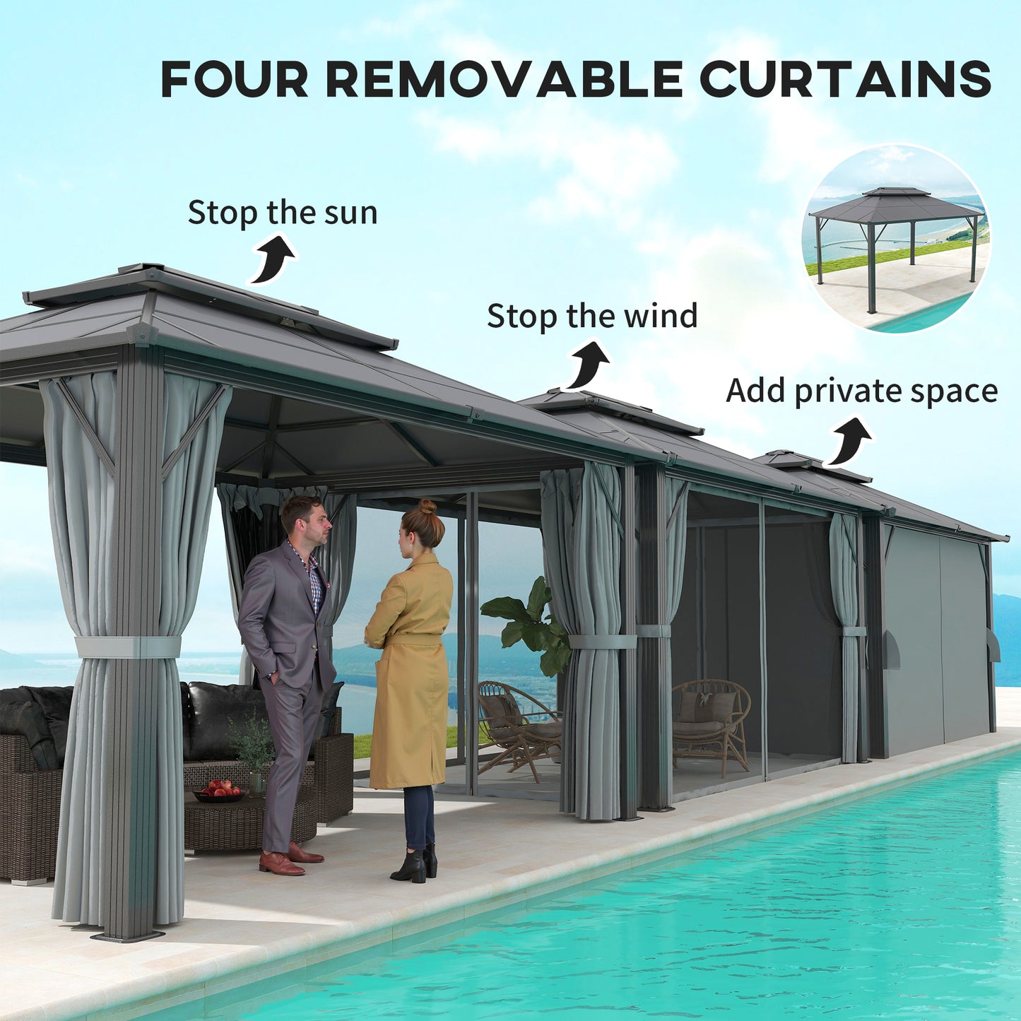 Outsunny 3x4m Hardtop Gazebo, UPF30+ Roof, Aluminium Frame, Mosquito Netting & Curtains, Grey