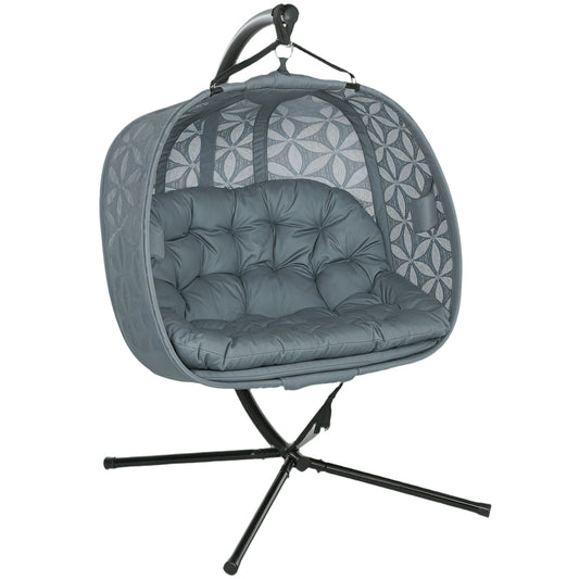 Outsunny Outdoor Double Hanging Chair with Cushion and Cup Holders, Charcoal Grey