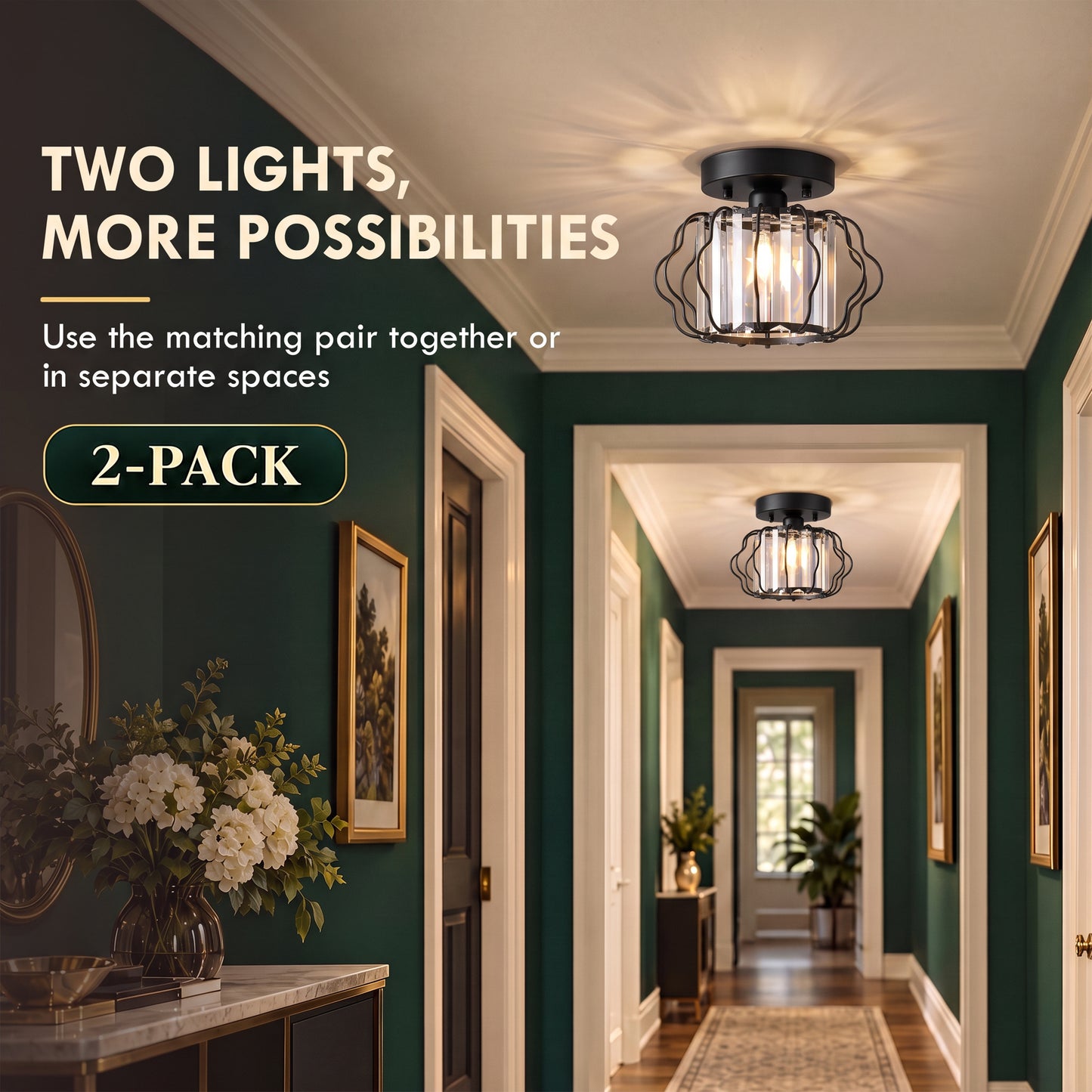HOMCOM Crystal Ceiling Light Fixtures, Modern Semi-Flush Ceiling Lighting with Crystal Strips, 2 Pack, Black