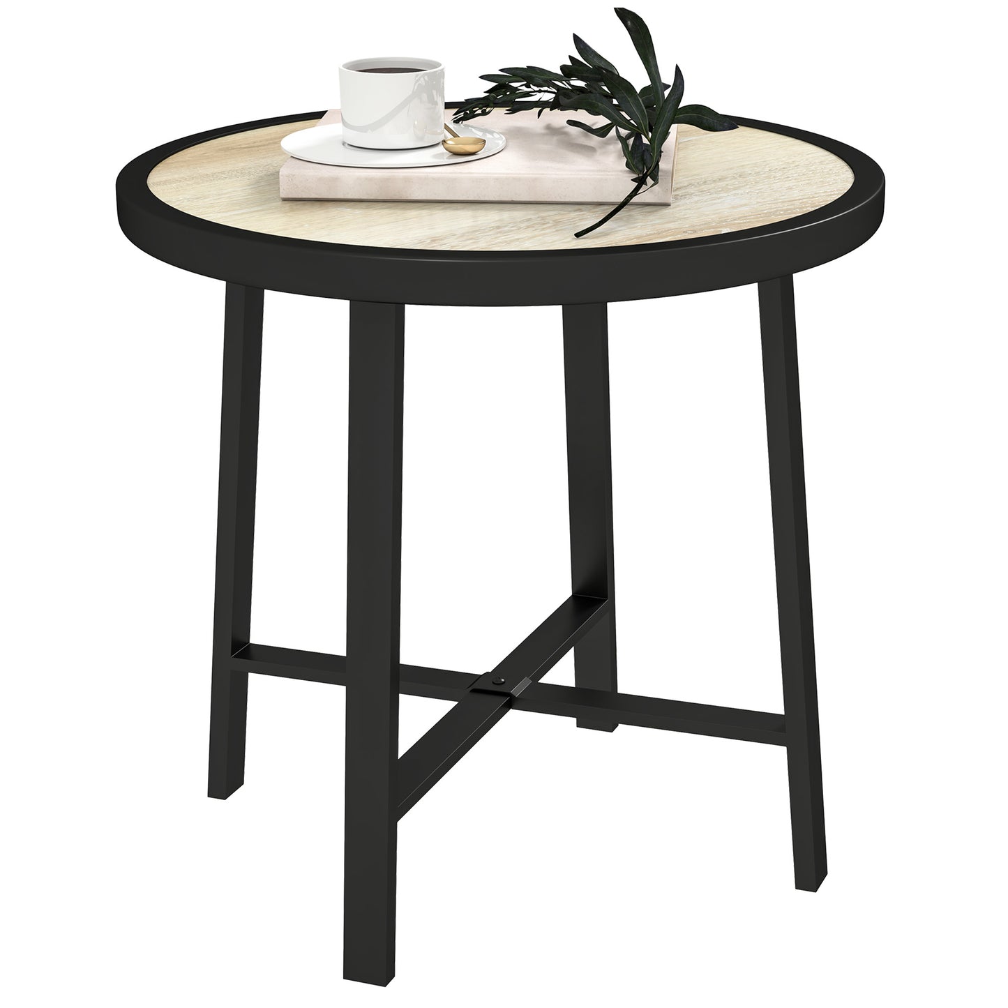 Outsunny Round Small Garden Table, 50.5cm Outdoor Side Table with SPC Tabletop, Metal Frame, Anti-slip Feet for Garden, Balcony, Wood Finish