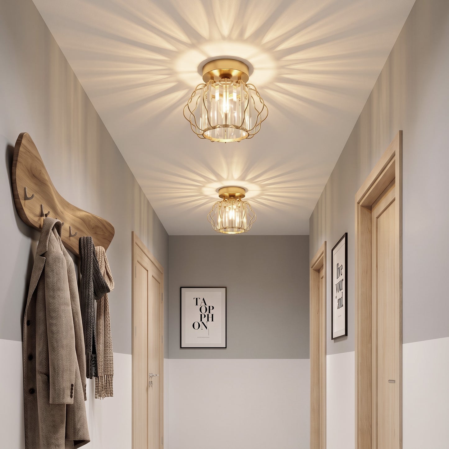 HOMCOM Crystal Ceiling Light Fixtures, Modern Semi-Flush Ceiling Lighting with Crystal Strips, 2 Pack, Gold Tone