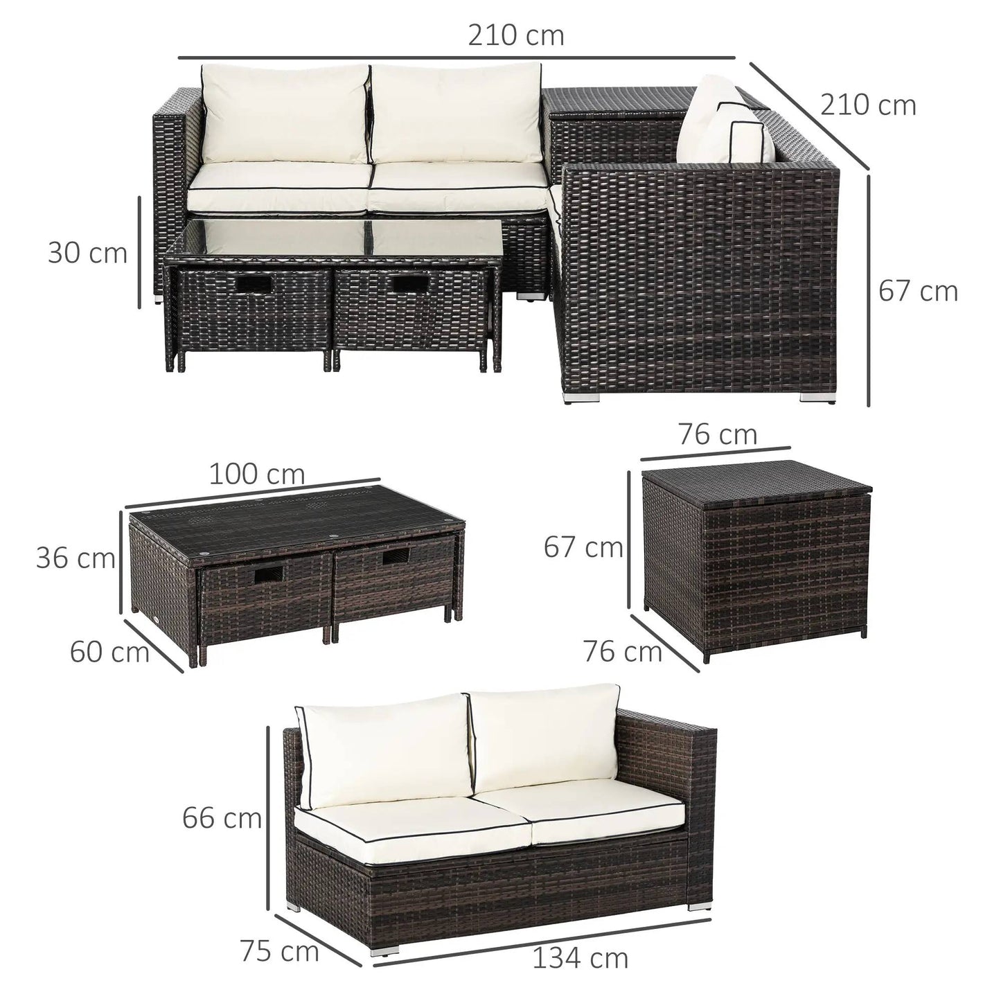 Outsunny 4 pcs Rattan Furniture Sofa Storage Table Set w/ 2 Drawers Corner Table Brown