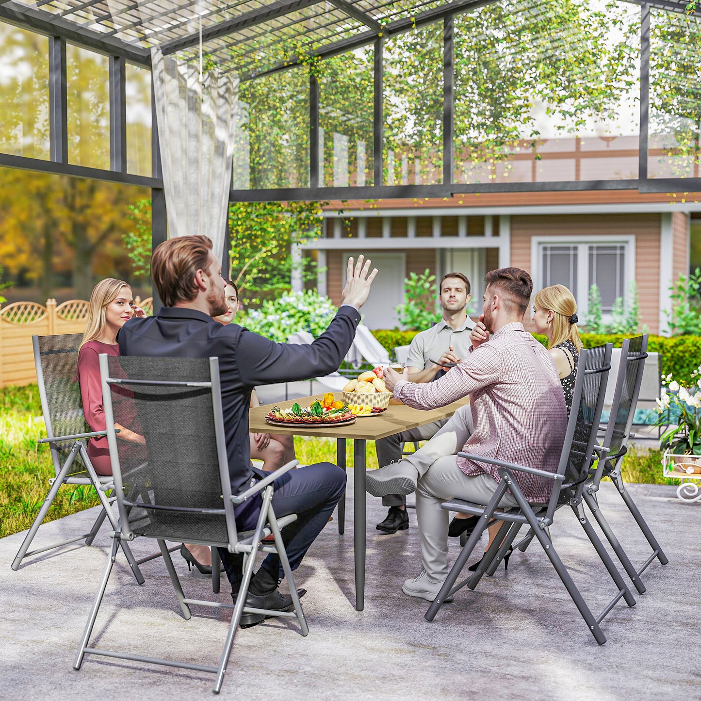 Outsunny Garden Dining Table for 6, Rectangle Outdoor Coffee Table w/ 5cm Parasol Hole, Slatted Top & Steel Frame for Patio/Balcony, Brown