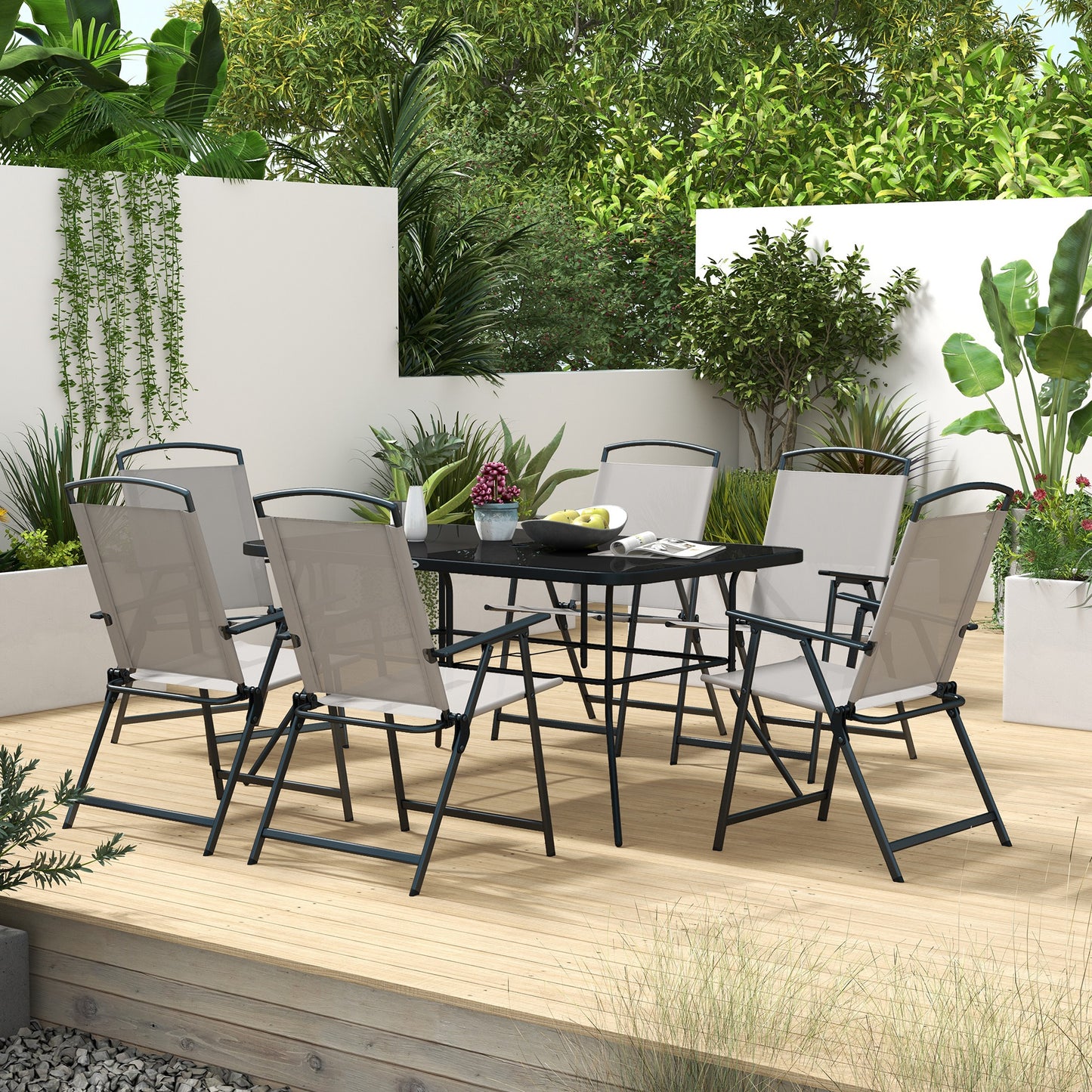 Outsunny 7pc Metal Garden Dining Set with Glass Top - Grey