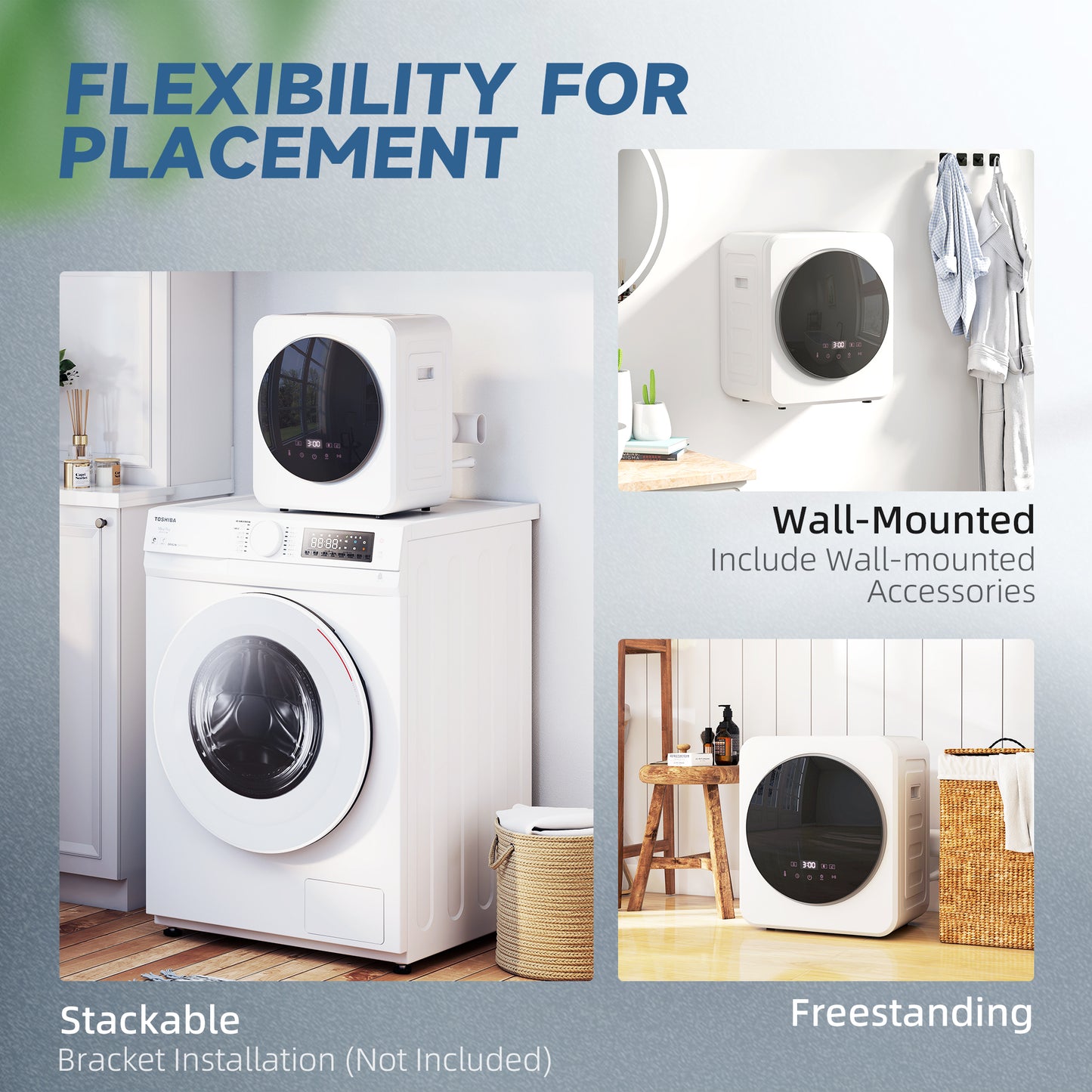 HOMCOM 4kg Vented Tumble Dryer, 800W Compact Freestanding Front Dryer with Stainless Steel Tub, Timer, Wall-Mountable, White