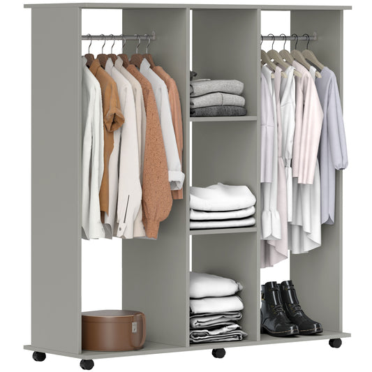 HOMCOM Open Wardrobe on Wheels, Clothes Rails, 3 Shelves, Grey