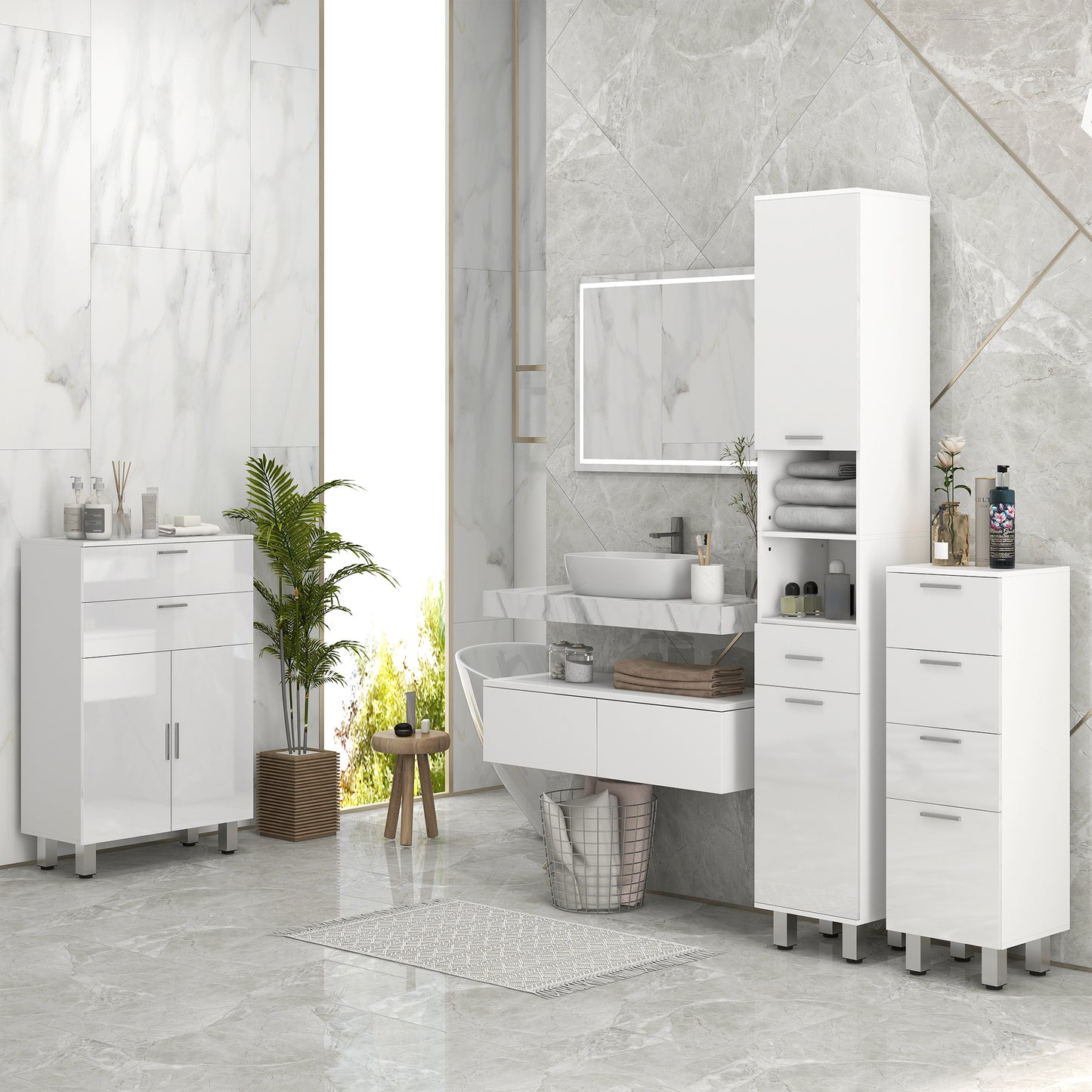 kleankin Slim 71" Bathroom Storage Cabinet with Drawer, Shelves, 2 Doors, Adjustable Shelves for Kitchen, Hallway, Living Room, High Gloss White