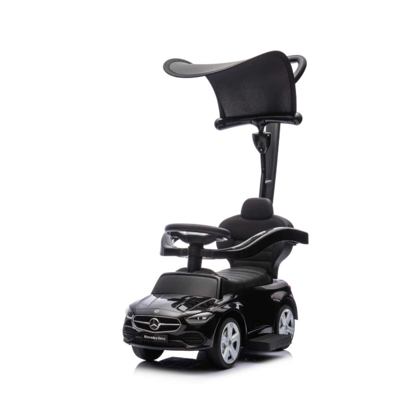 AIYAPLAY 4 in 1 Licensed Benz Ride on Push Car with Handle, Canopy, Guardrails, Horn, Music, Storage for 12-36 Months, Black