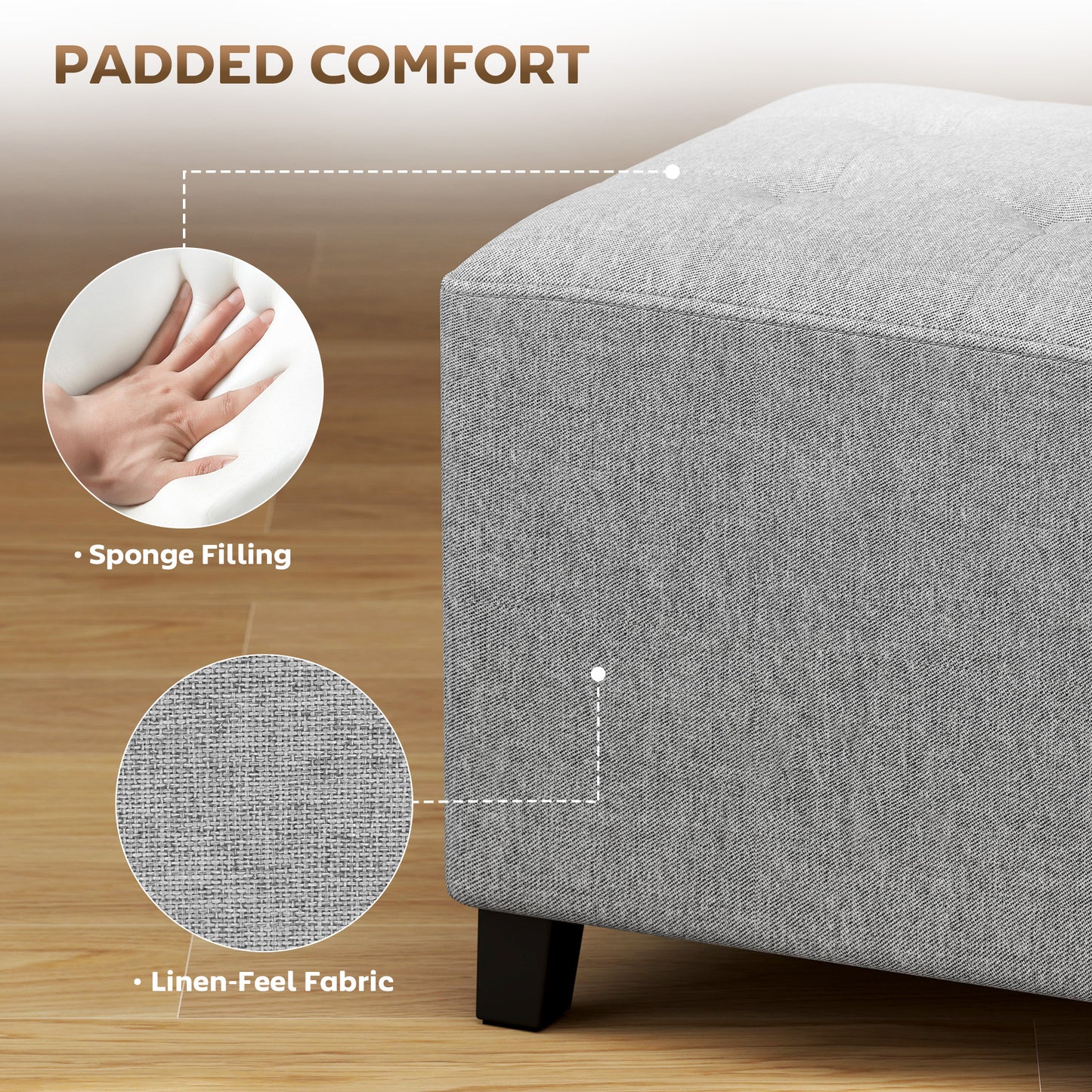 HOMCOM Square Footstool, Small Ottoman with Side Pocket, Linen Fabric, Rubber Wood Legs, Padded Seat, 35x35x35cm, Light Grey