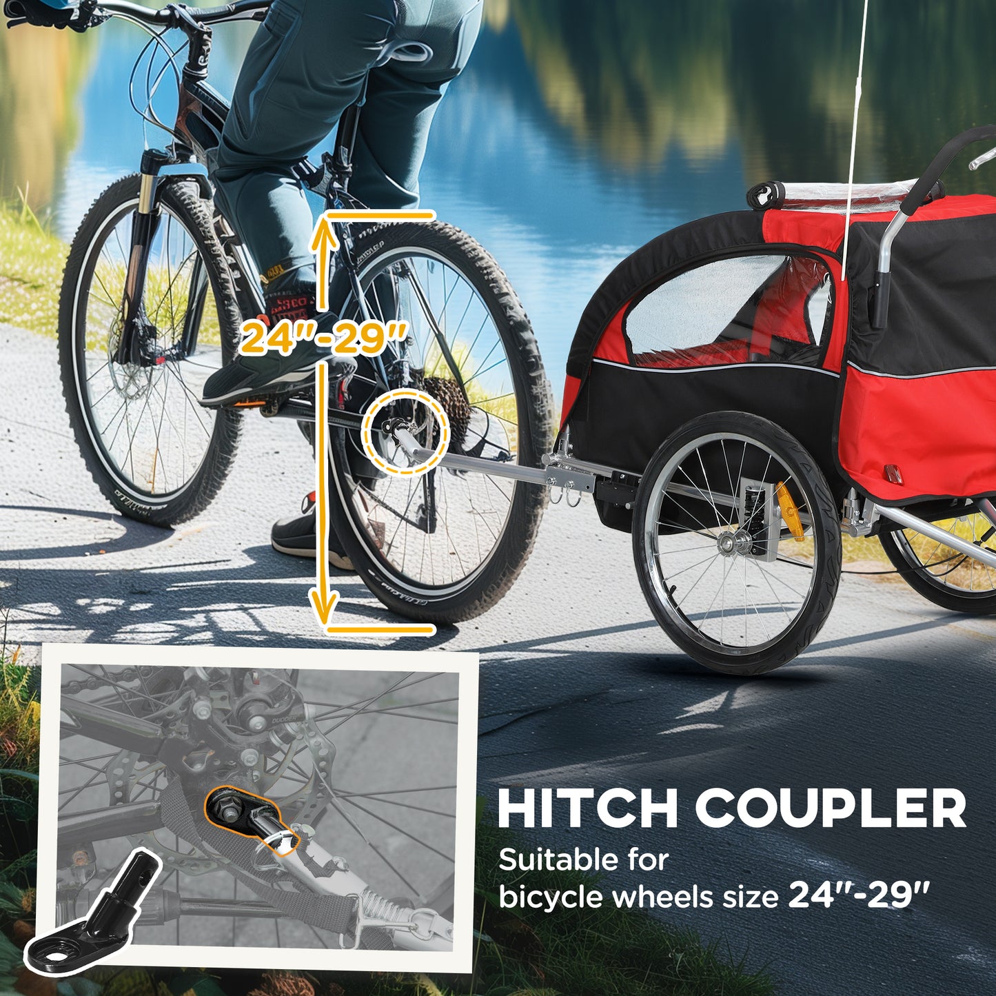 HOMCOM 2 Seat Bike Trailer with 5 Point Harness, Baby Bike Stroller with Safety Flag, Reflectors, for 18+ Months, Red