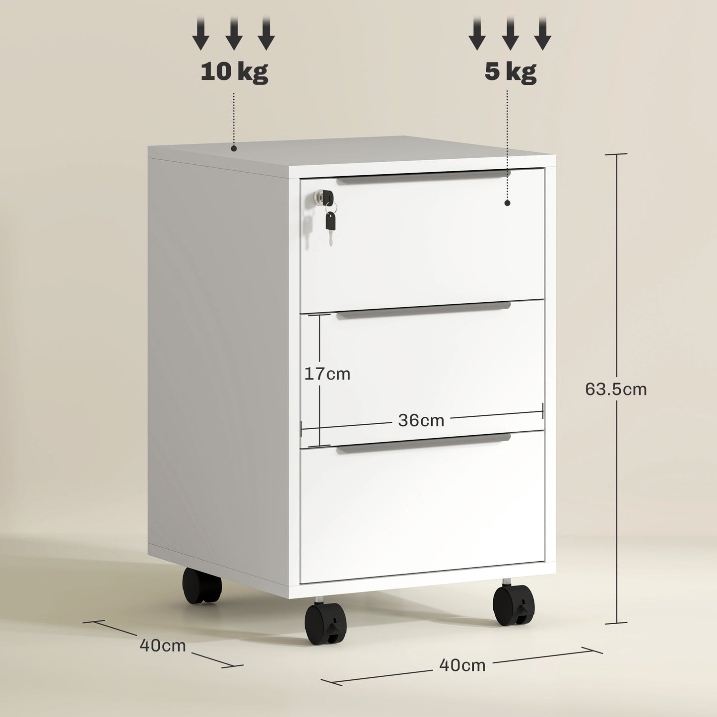 HOMCOM Three-Drawer Locking Filing Cabinet - White