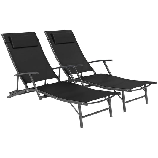 Outsunny Set of 2 Folding Sun Loungers, 4-Position Adjustable Garden Chairs with Armrests, Black