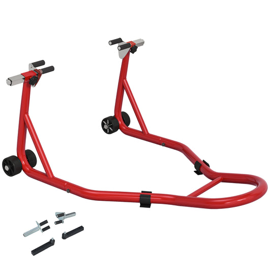 HOMCOM Motorcycle Paddock Stand with Anti-Slip Mat, U & L-Shaped Adapters, 200 kg Capacity, for 18", 17" & 10" Tyres, Red
