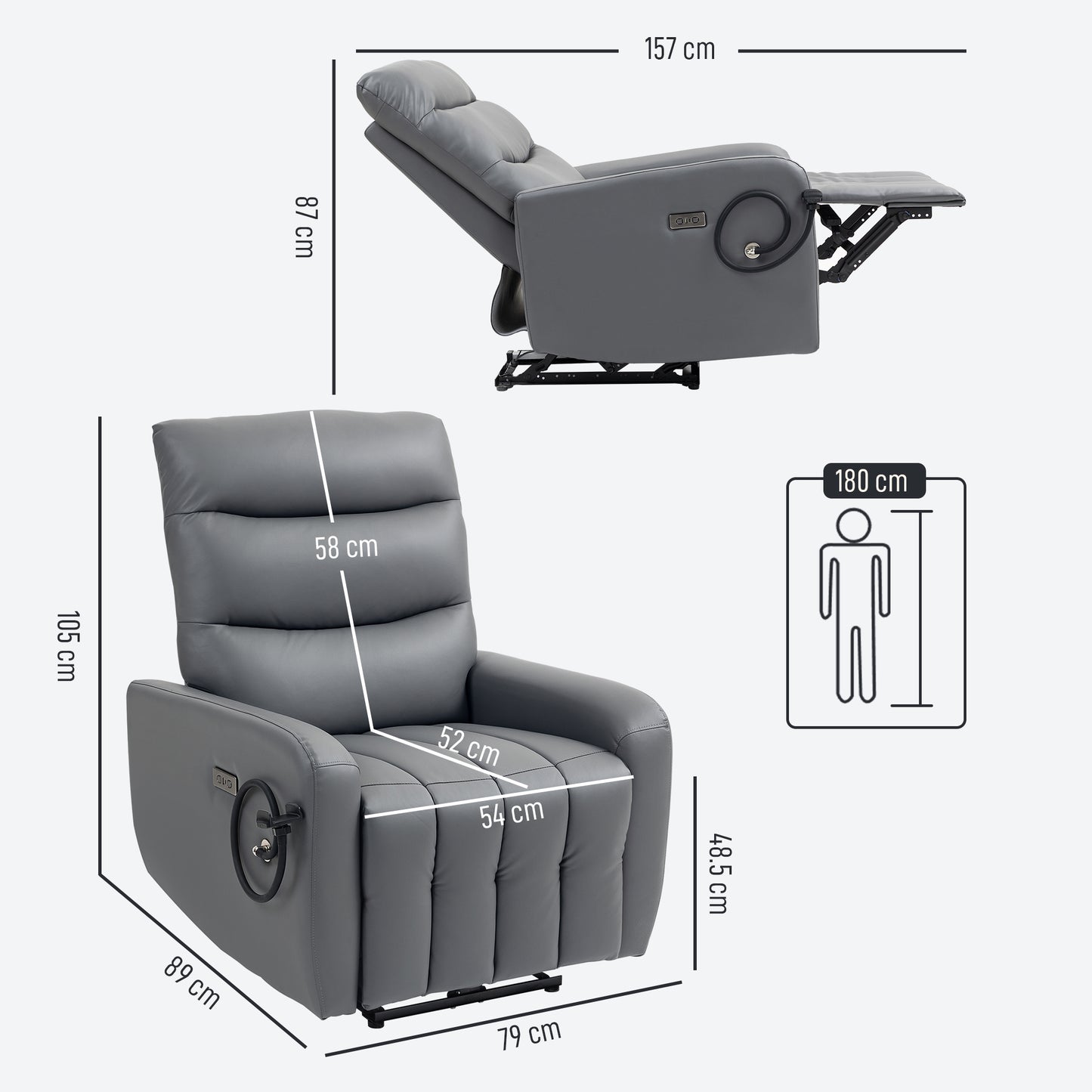 HOMCOM Electric Recliner Armchair, USB + Type C Charging, Phone Holder, PU Leather, Adjustable Leg Rest, for Home Living Room Theater, Grey