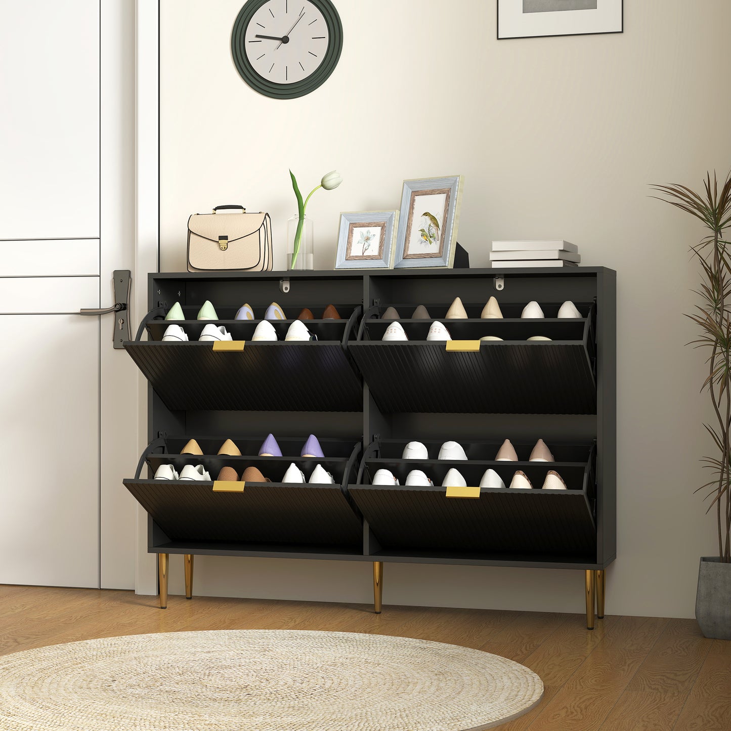 HOMCOM Narrow Shoe Cabinet with 4 Flip Drawers - Black