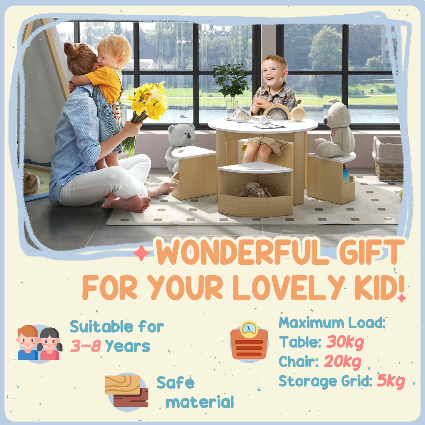 AIYAPLAY Five-Piece Kids Table and Chairs Set with Storage, for Ages 3-8 Years, White