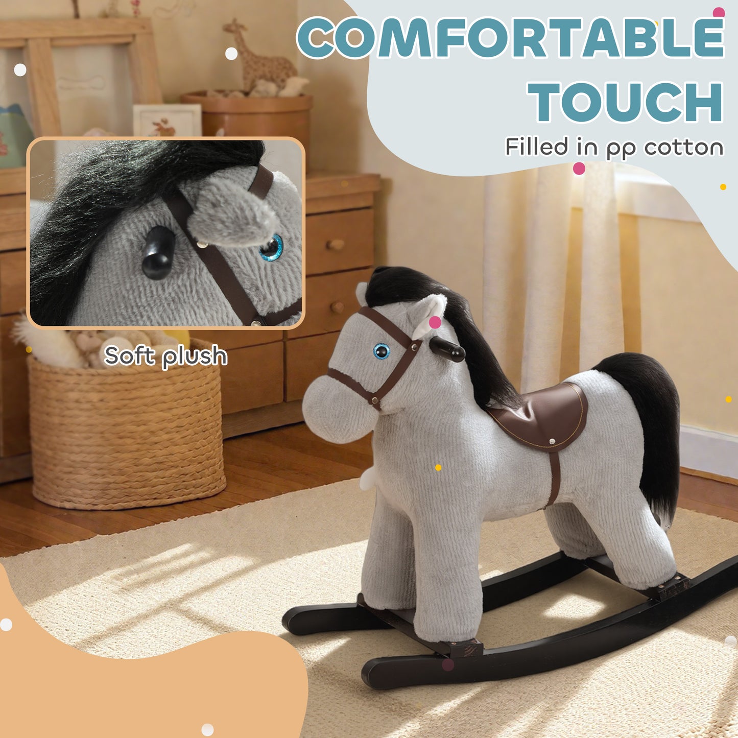 AIYAPLAY Baby Rocking Horse, Plush Ride on Toy with Handle Grip, Sound and Doll, Toddler Animal Rocker for Kids Aged 2–5, Grey